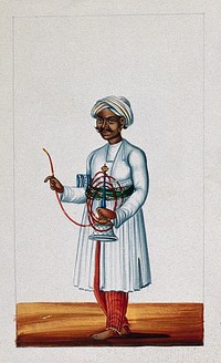 A man holding a hookah (smoking pipe). Gouache painting by an Indian painter.