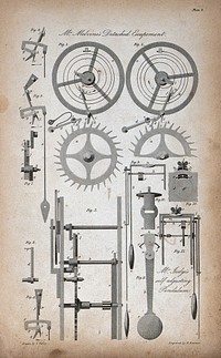 Clocks: an escapement mechanism (top), and a pendulum (below). Engraving by E. Kennion after C. Varley.