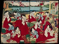 Court ladies producing silk under the supervision of the empress; their tasks include preparing eggs, chopping mulberry leaves, feeding caterpillars and unwinding cocoons. Colour woodcut by Kuniaki II, 1883.