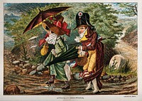 A cockaded Frenchman and his female companion are struggling with their umbrellas through a rain shower; representing the month April. Chromolithograph.