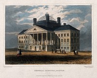 Patient being carried to Boston General hospital on a stretcher. Coloured line engraving by Fenner Sears & Co., 1831, after R. Goodarce.
