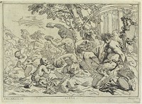 Satyrs revelling in a bacchanalian celebration. Etching by A. Cioci, 1762, after A.D. Gabbiani.
