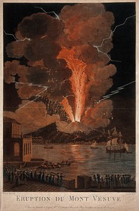 Mount Vesuvius erupting at night, billowing clouds and flashes of lightning, and with many spectators viewing the event across the bay of Naples. Coloured mezzotint with etching by J.M. Mixelle after A. d'Anna.