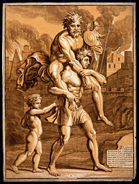 Aeneas carrying his father Anchises on his shoulders holding the household gods, as they escape from the sack of Troy. Colour relief etching by Elisha Kirkall, 1722, after Ugo da Carpi, 1518, after Raphael.