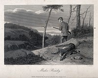 A gun-carrying huntsman is gazing intently into a valley while his dead prey is lying behind him. Line engraving by E. Hacker after A. Cooper.