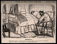 A man very ill in bed, his doctor recommends sending for his wife; the patient sees this as extreme action. Wood engraving, 1873.