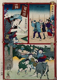 Above left, a woman with a baby on her back, preparing to smoke a pipe ; above right, men and women walking in line; below, an ox leading peasants to the Kawaguchi temple. Colour woodcut by Kyōsai, with top left design by Kunichika and design below by a pupil of Kyōsai, ca. 1870.