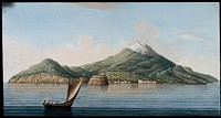The island of Ischia seen from the sea, showing volcanic features. Coloured etching by Pietro Fabris, 1776.