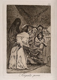 Surrounded by ghoulish apparitions, a manic priest carries an enema towards a wretchedly praying man. Aquatint with etching by F. Goya, c. 1797.