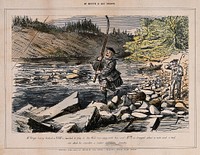 A man has caught a fish on the end of his line, but the fish is so strong that it is pulling the man across the rocks. Coloured process print after John Leech.
