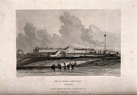 Royal Naval Hospital, Portsmouth: as seen from the sea. Etching by J. Woods after G.H. Sergeant.