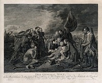 The death of General Wolfe, at Quebec, in the background are soldiers and ships. Engraving by C. Guttenberg, after B. West, 1770.