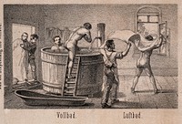 Hydrotherapy: eight vignettes of different cures at Gräfenberg, Germany. Lithograph, ca. 1860.