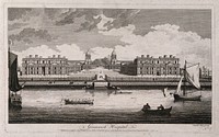 Royal Naval Hospital, Greenwich, with ships and rowing boats in the foreground, small houses either side. Engraving by J. Boydell after himself, 1753.