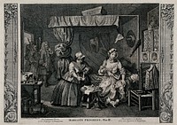 Moll Hackabout dangles a watch and a poxed maid ("bunter") empties the contents of a jug, while Sir John Gonson, a magistrate, and a group of bailiffs enter the room to arrest her. Engraving after William Hogarth, 1732.