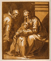 Saint Mary (the Blessed Virgin) and Saint Joseph with the Christ Child. Colour etching with woodcut by F. Bloemaert after Abraham Bloemaert.