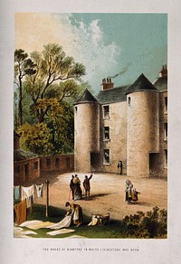 The house where David Livingstone was born, in Blantyre, Scotland. Coloured lithograph.