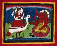 Page 124: Lakshmi on her mount Garuda coming across an enthroned Ganesha with his rat. Gouache drawing.