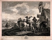 Men have arrive at an encampment on horses, one is blowing a bugle and another is persuading a young woman to have a drink. Engraving by Beaumont after P. Wouwermens.