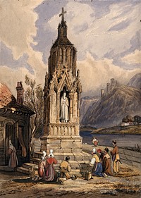 People near a river praying before the figure of a saint on a memorial cross. Watercolour.