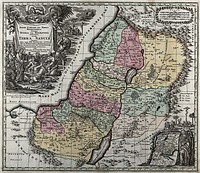 A map of the biblical Palestine with three biblical scenes: Moses and the ten commandments; the serpent on the pole; Christ healing the insane; the Crucifixion. Coloured etching after G. Rogg.