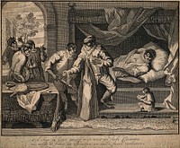 A monkey patient being treated by a monkey surgeon with a clyster, the latest French fashion accessory. Line engraving, c. 1660.