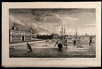 Royal Naval Hospital, Greenwich, seen from down river, with ships and rowing boats in the right foreground, houses in the distance. Engraving by J. Boydell after himself, 1751.