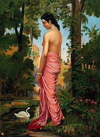 Semi-clothed woman by a river bank called Varini. Chromolithograph by R. Varma.