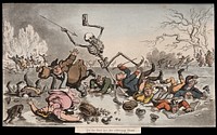 The dance of death: skaters. Coloured aquatint after T. Rowlandson, 1816.
