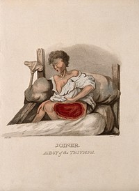A boy with a wounded thigh seated on a bed; a crutch to his right. Coloured stipple etching by J. Grant after J. Bell, ca. 1815.