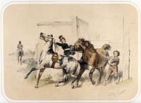 A dray horse pulls with its teeth at a folded rug  belted to the waist of a smartly dressed rider on a thoroughbred horse, almost unseating him. Coloured lithograph by A. Strassgschwandtner after himself, ca. 1860.