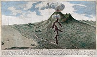Mount Vesuvius erupting: view from the south, with surrounding countryside and coastline. Coloured etching by F. Morghen, 1752, after F. Geri, 1752.
