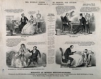 A family doctor, an obstetrician, a sensationalist author-doctor and a hypnotist; all pruriently satirised under the guise of moralism, as promoted by James Morison and his pharmaceutical company. Lithograph, 1852.