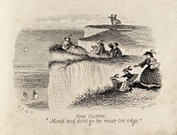 People on the edge of cliffs looking out to sea. Wood engraving.
