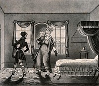A young man in a frock coat stands talking to a woman who is pointing towards a canopied bed. Aquatint by George Hunt after M. Egerton.