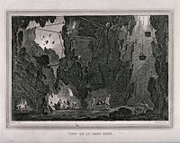 An iron mine and miners working. Etching by J. Heath, 1813, after C.M. Metz.