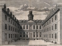 Royal College of Physicians: the courtyard, with lettering identifying the various doors. Engraving by D. Loggan after himself, 1677.