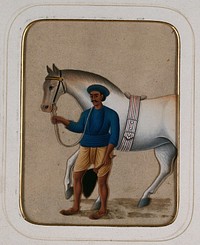 A groom leading a horse. Gouache painting on mica by an Indian artist.