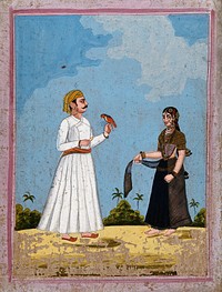 A man holding a parrot accompanied by a courtesan. Gouache drawing.