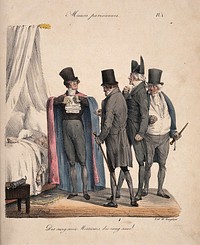 A group of fashionable physicians gathered around a sick patient listen to one of their number proclaiming the virtue of leeches. Coloured lithograph after E.J. Pigal.