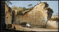 Entrance of the grotto at Posillipo, called Piedigrotta, reputed to be Virgil's tomb. Coloured etching by Pietro Fabris, 1776.