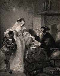 A woman having her palm read by a fortune-teller. Engraving after A.E. Chalon.