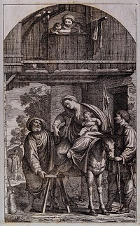 Joseph and Mary arrive in Egypt, fatigued. Etching by F. Zuccarelli, 1730, after G. Manozzi (Giovanni da San Giovanni).