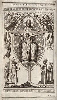 Throne of Mercy: God the Father, Christ crucified and the Holy Ghost being venerated by angels, Louis I Anjou, King of Sicily and Louis's mother Joan I, Queen of Sicily. Engraving after C. Orimina.
