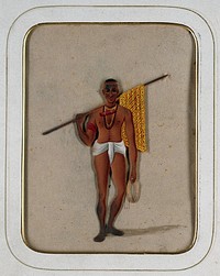 A man wearing a loin cloth holding a stick with a piece of cloth draped around it and a coil of string. Gouache painting on mica by an Indian artist.