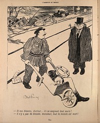 A railway employee  wheels away the dismembered body of a man killed in a railway accident; he converses with a physician. Process print after J-A. Faivre, 1902.