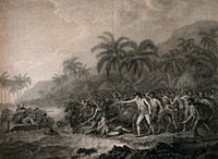 The death of Captain Cook in Hawaii. Engraving by F. Bartolozzi and W. Byrne after J. Webber.