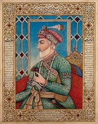 A Mughal emperor or member of a royal family holding a flower: profile. Gouache painting by an Indian painter.