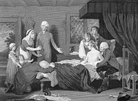 A man recuperating in bed at a receiving-house of the Royal Humane Society, after resuscitation by W. Hawes and J.C. Lettsom from near drowning. Engraving by R. Pollard, 1787, after R. Smirke.