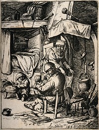 A father feeding his infant while the mother attends to domestic jobs and a small child plays with its food. Etching after A. van Ostade, 1648.